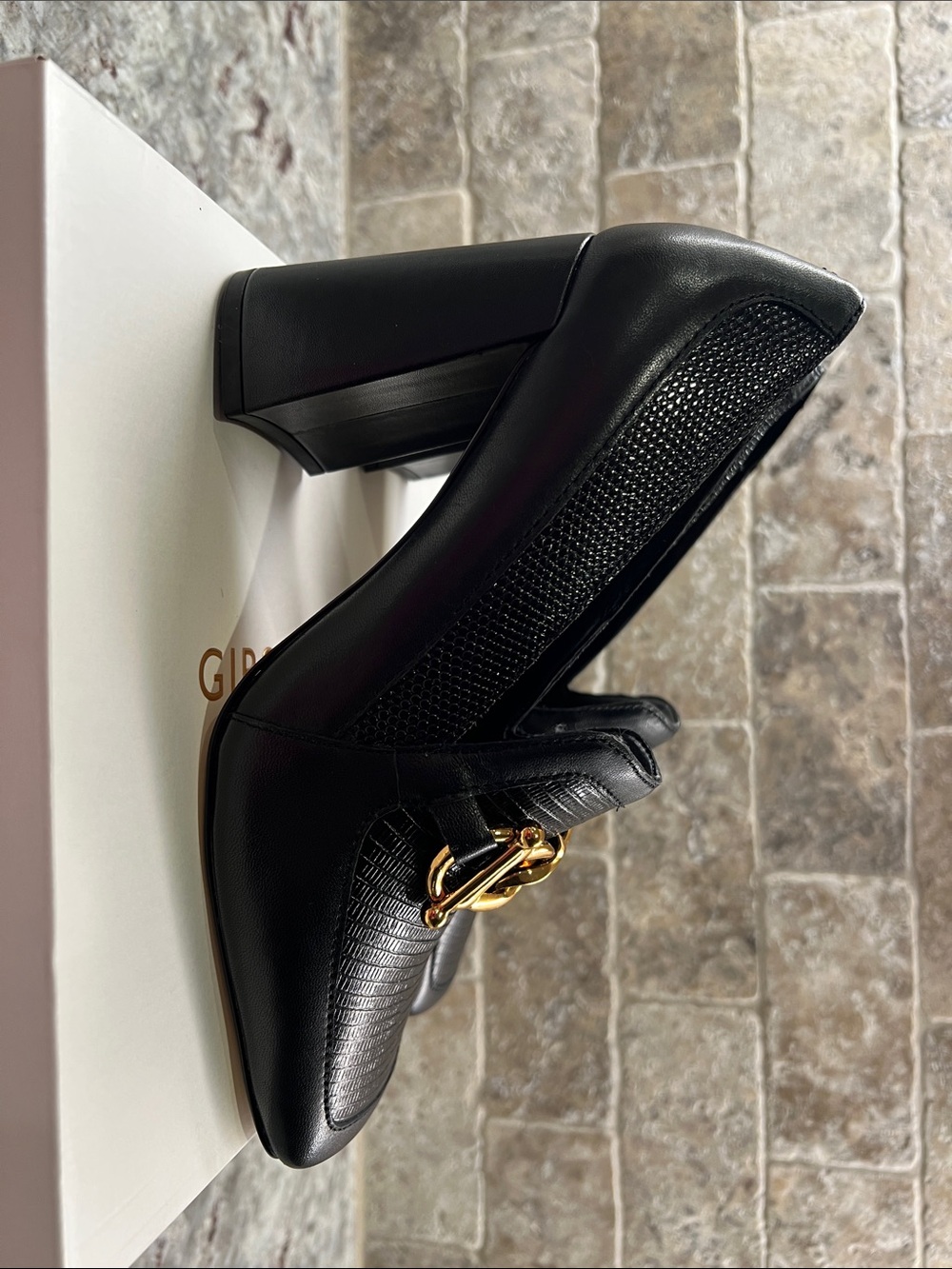 Gibson Latimer Black Leather Block Heel Loafers with Gold Chain - Picture 6 of 6
